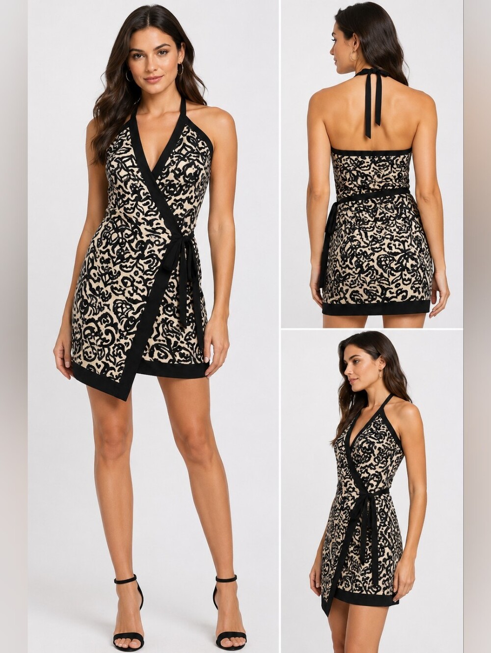 French Connection Cream & Black Halter Wrap Mini DressTitle NWT